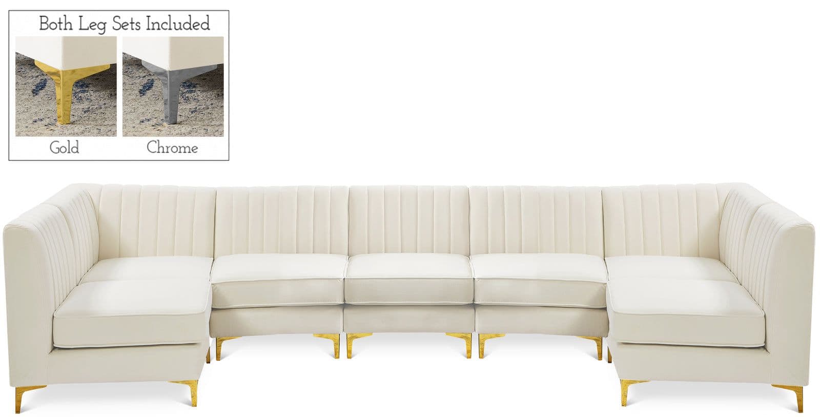 Quinn 142" Cream Velvet Upholstered Sectional, 7-Piece