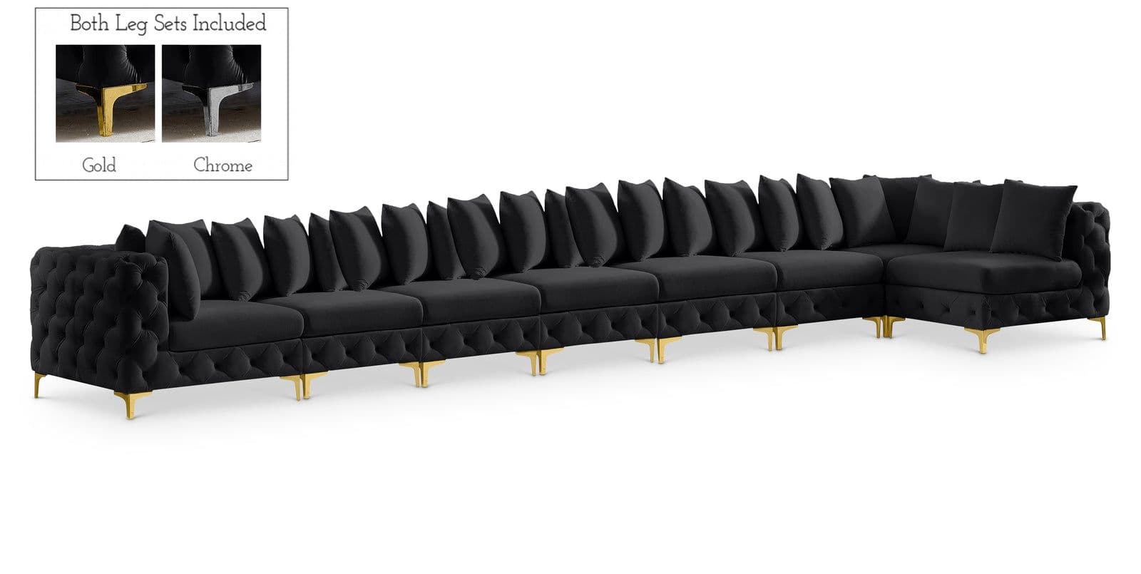 Monroe 228" Black Velvet Upholstered Sectional, 8-Piece