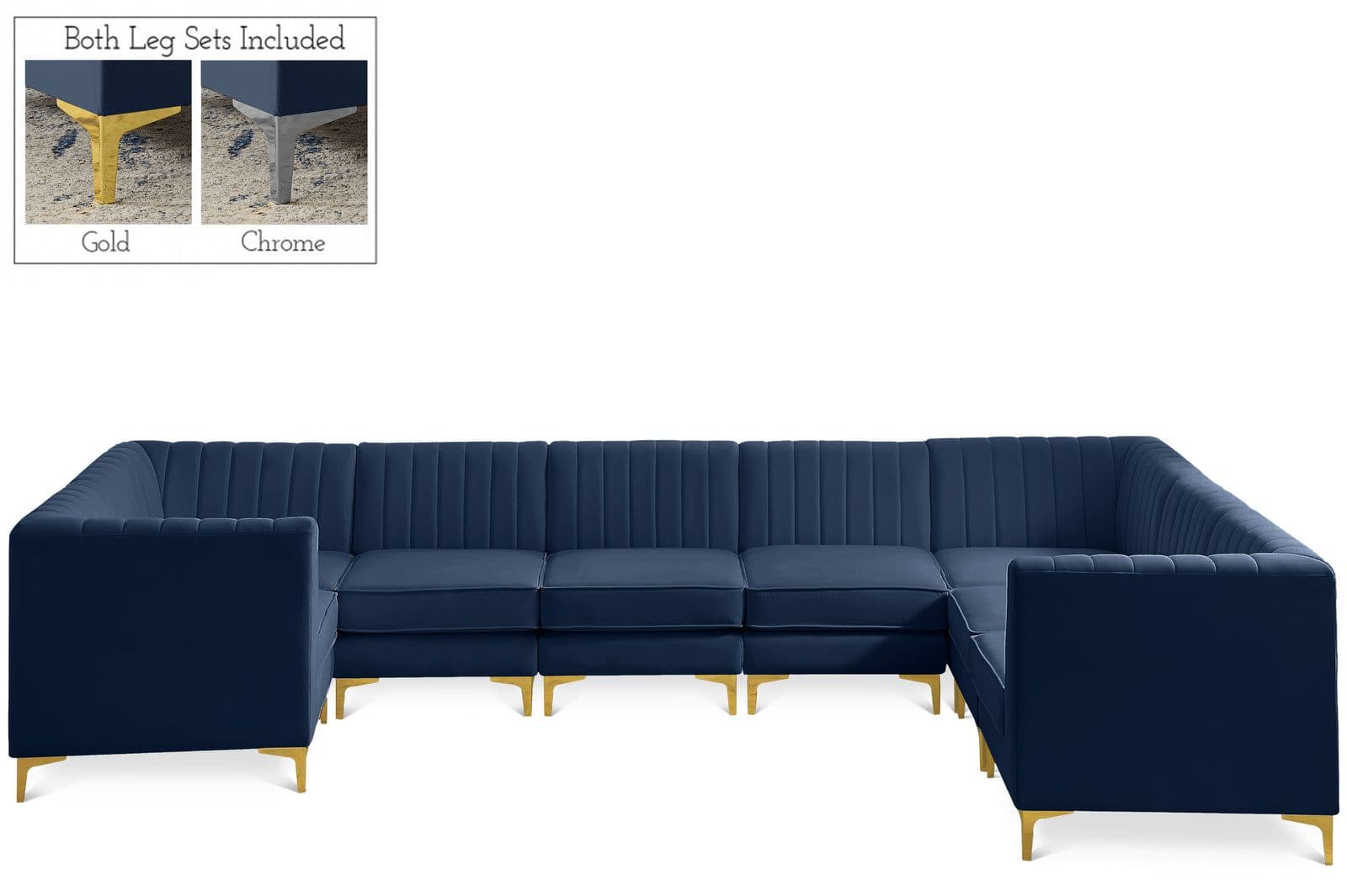 Quinn 142" Navy Velvet Upholstered Sectional, 8-Piece (Style 2)