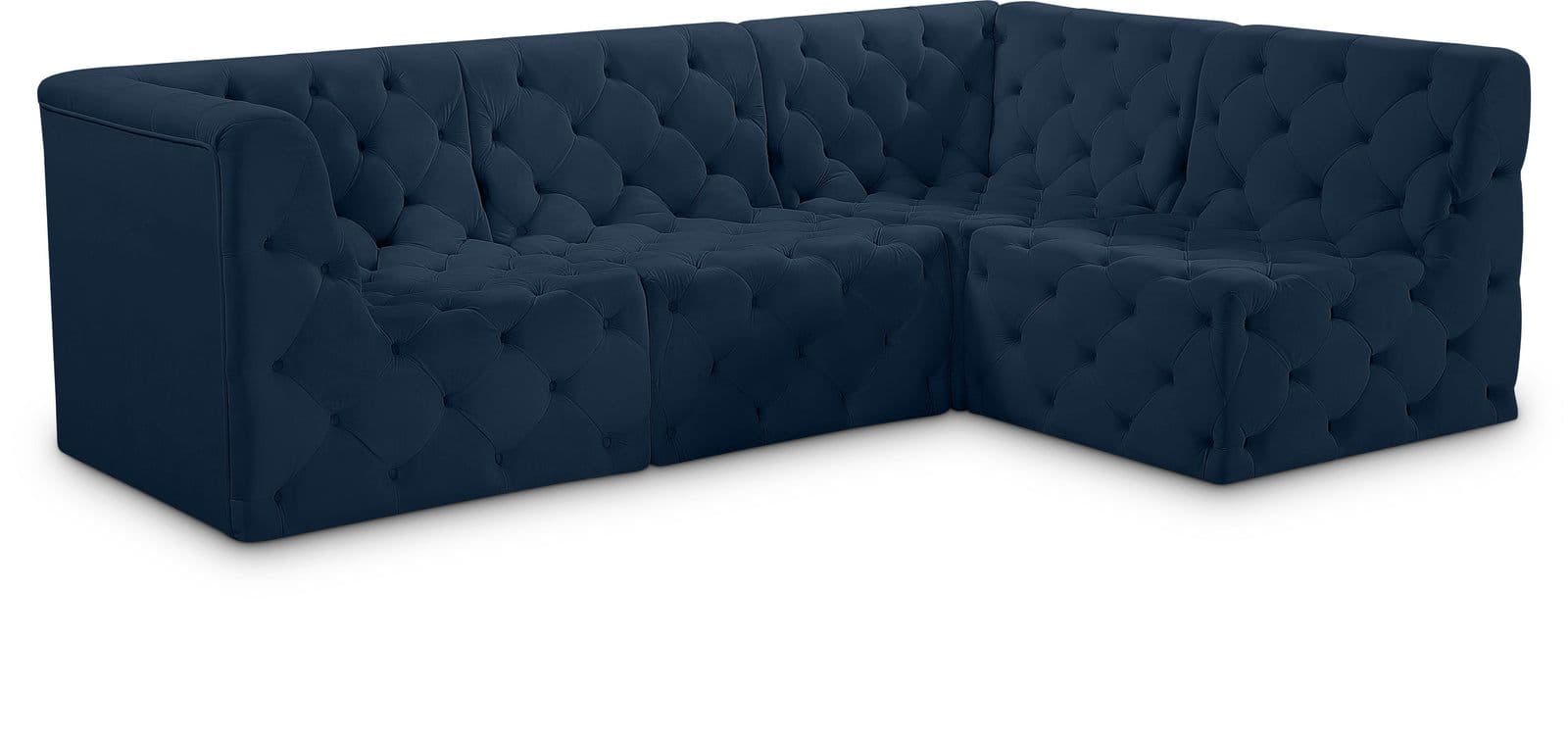Faye 99" Navy Velvet Upholstered Sectional, 4-Piece