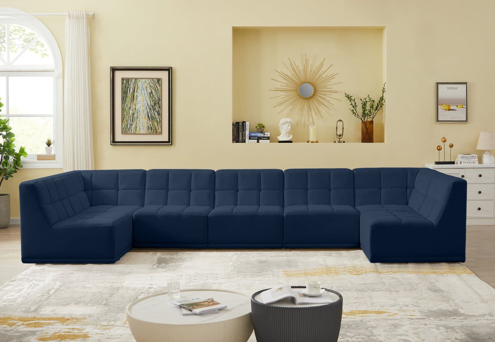Jolie 158" Navy Velvet Upholstered Sectional, 7-Piece