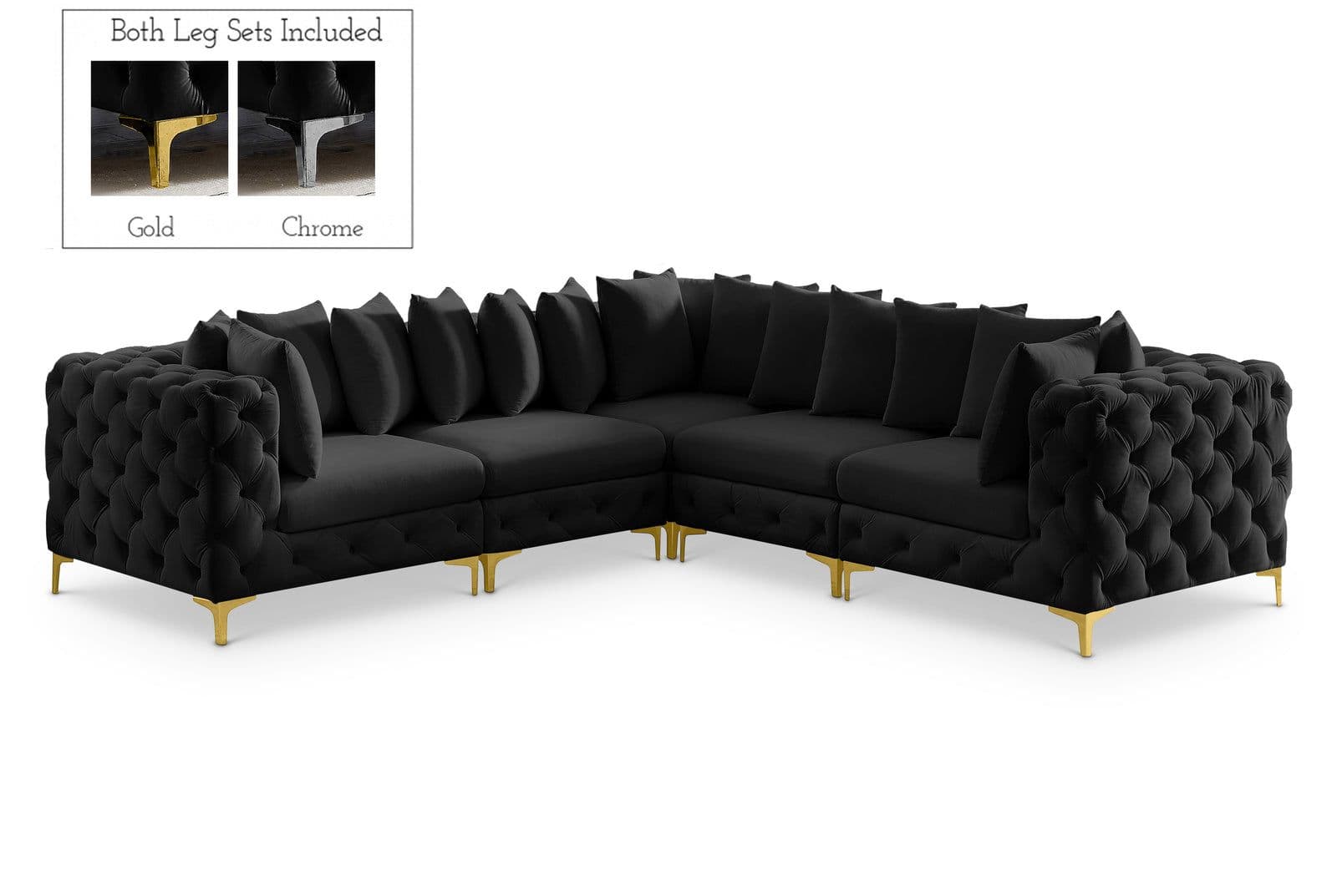 Monroe 109" Black Velvet Upholstered Sectional, 5-Piece