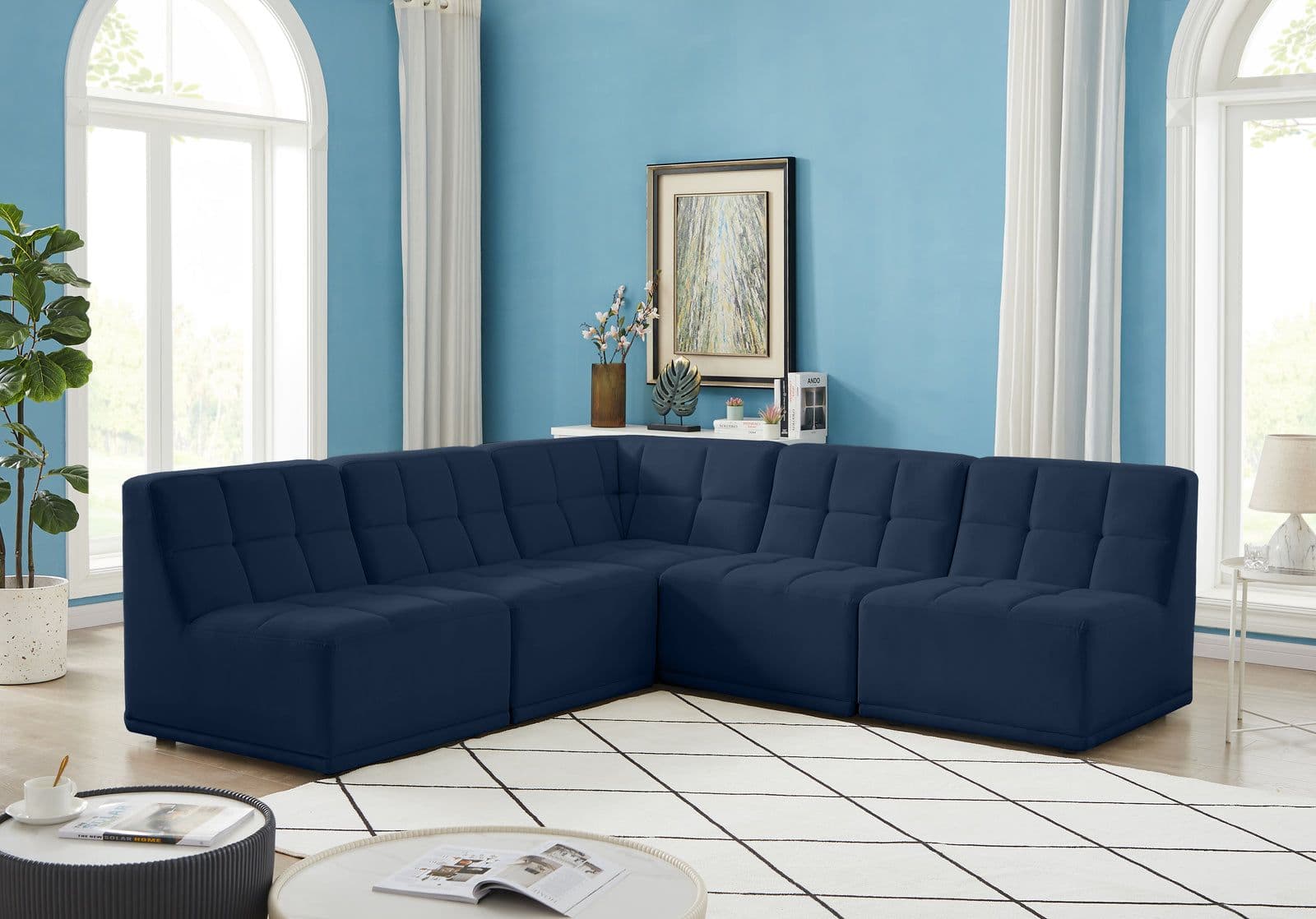 Jolie 94" Navy Velvet Upholstered Sectional, 5-Piece