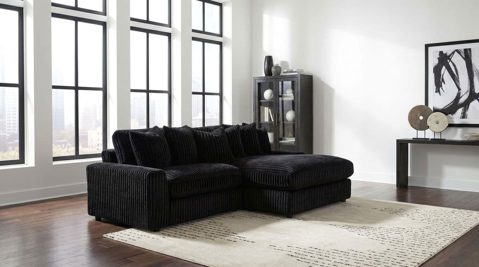 Ruth 2-Piece Corduroy Reversible Chaise Sectional Sofa Black