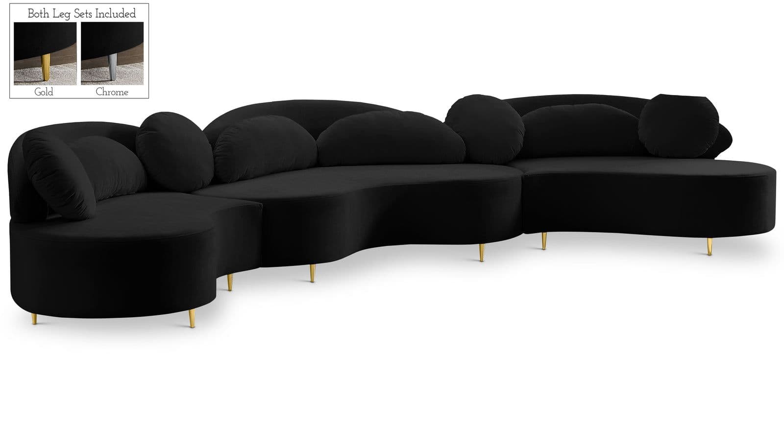 Selene 169" Black Velvet Upholstered Sectional, 3-Piece
