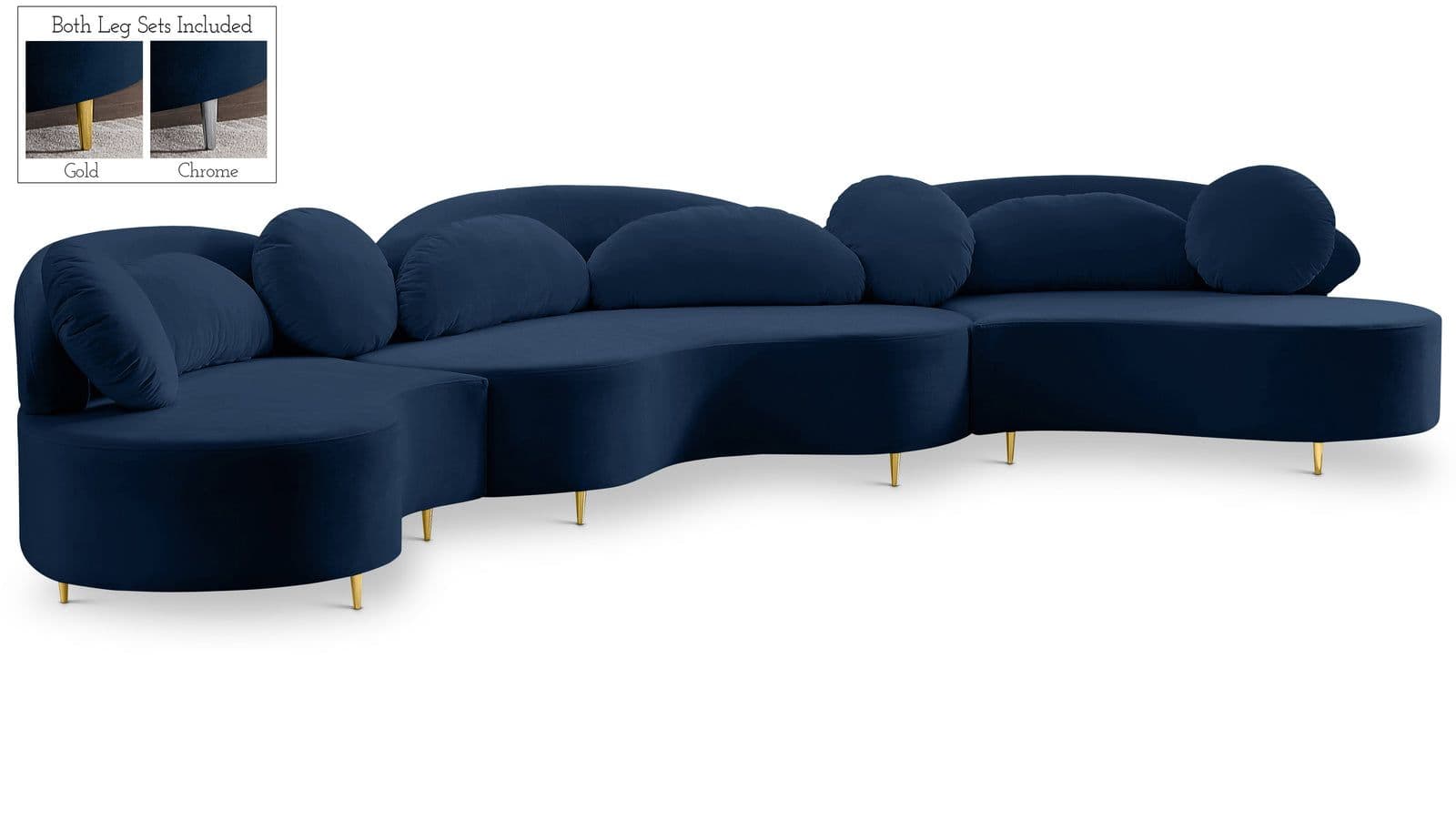 Selene 169" Navy Velvet Upholstered Sectional, 3-Piece