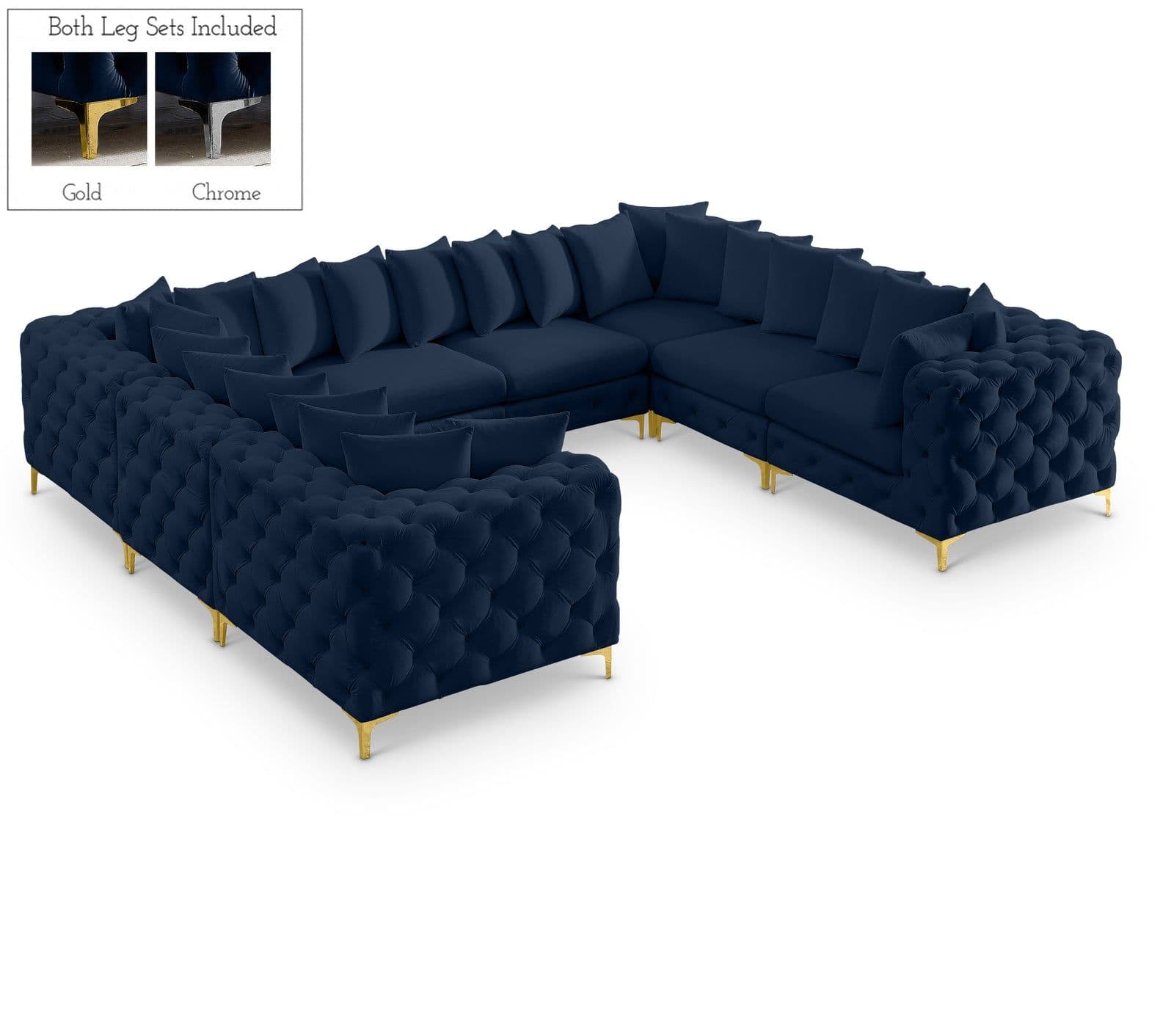 Monroe 139" Navy Velvet Upholstered Sectional, 8-Piece