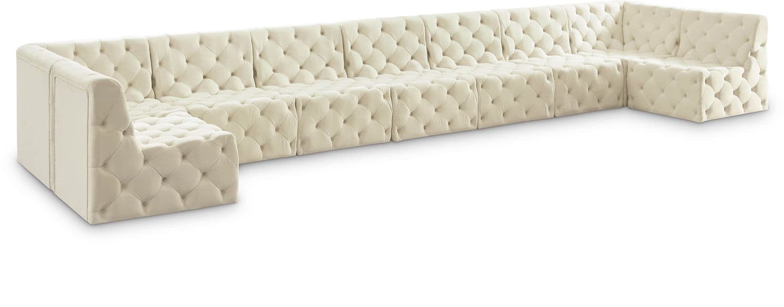 Faye 215" Cream Velvet Upholstered Sectional, 9-Piece