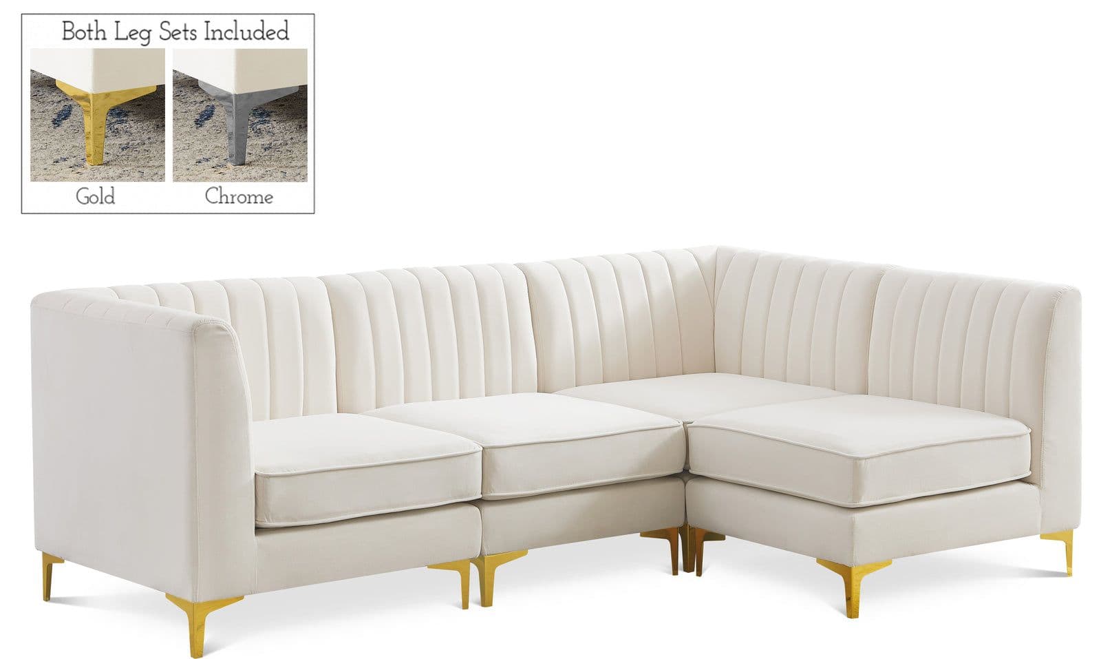 Quinn 91" Cream Velvet Upholstered Sectional, 4-Piece