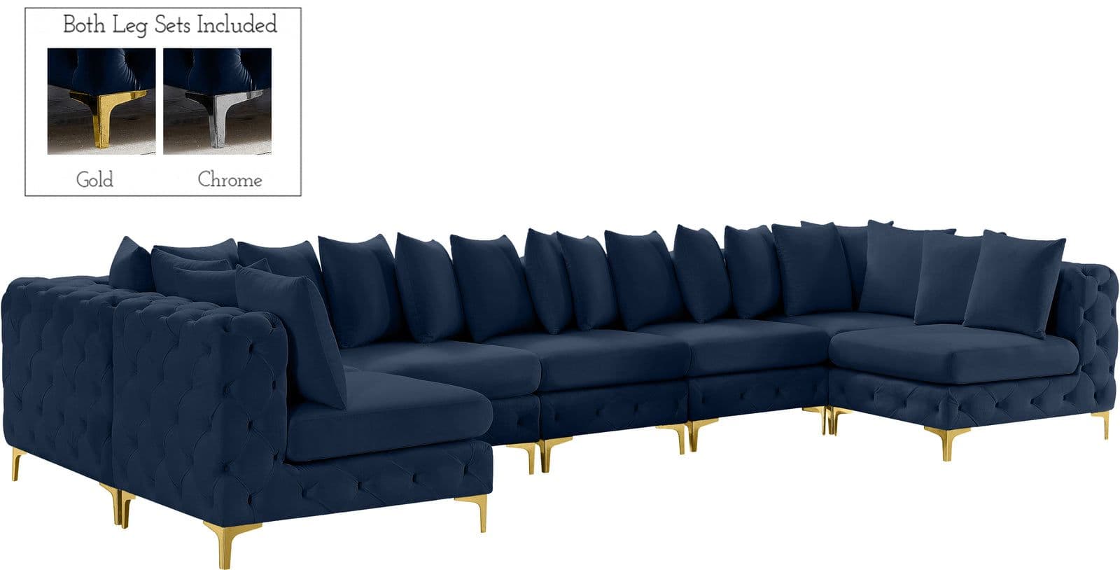 Monroe 169" Navy Velvet Upholstered Sectional, 8-Piece