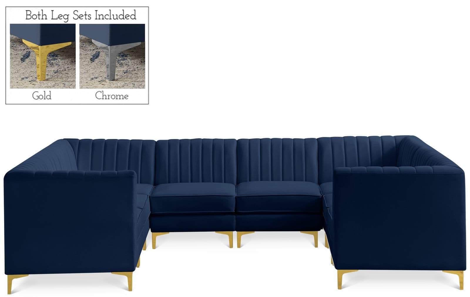 Quinn 116.5" Navy Velvet Upholstered Sectional, 8-Piece