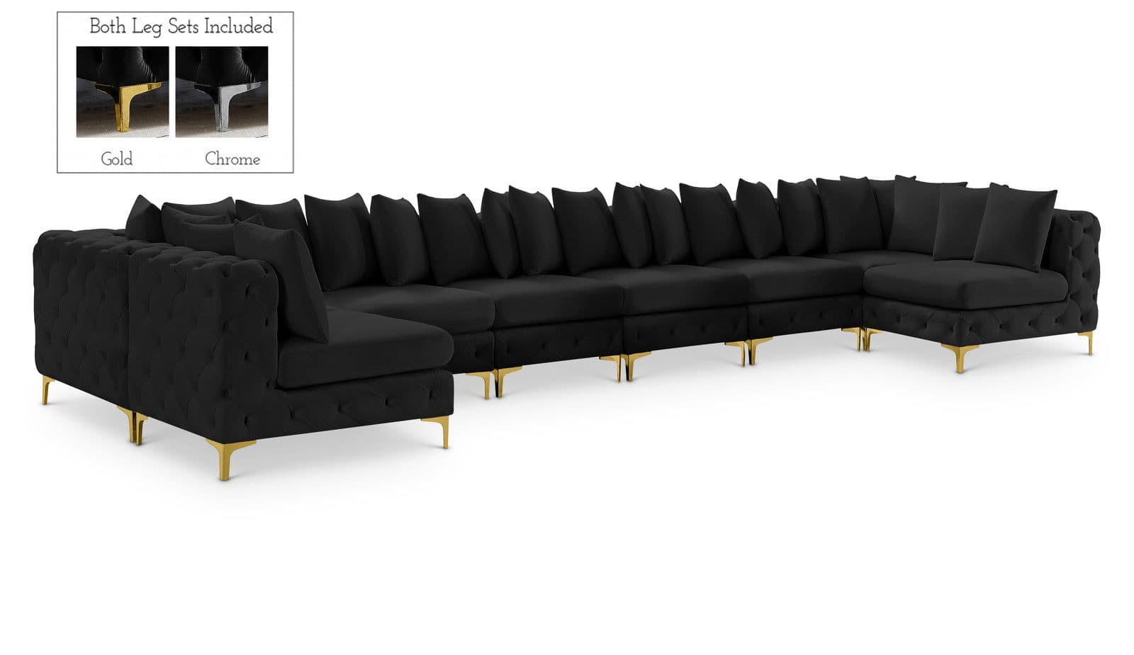 Monroe 198" Black Velvet Upholstered Sectional, 9-Piece