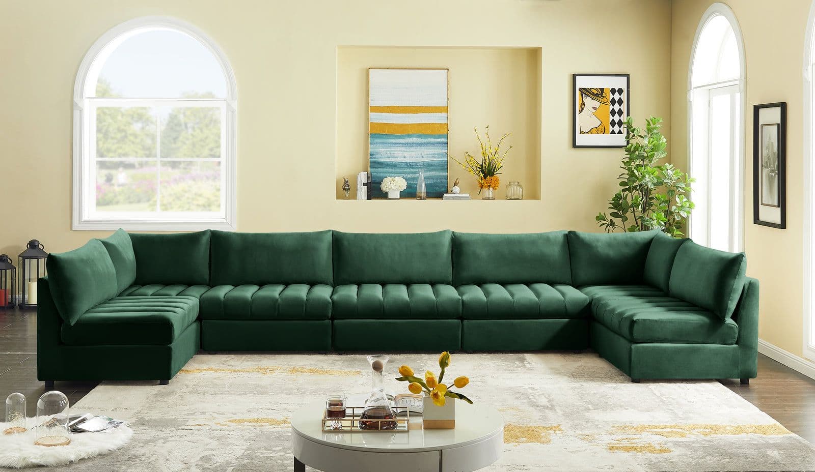 Rowan 177" Green Velvet Upholstered Sectional, 7-Piece