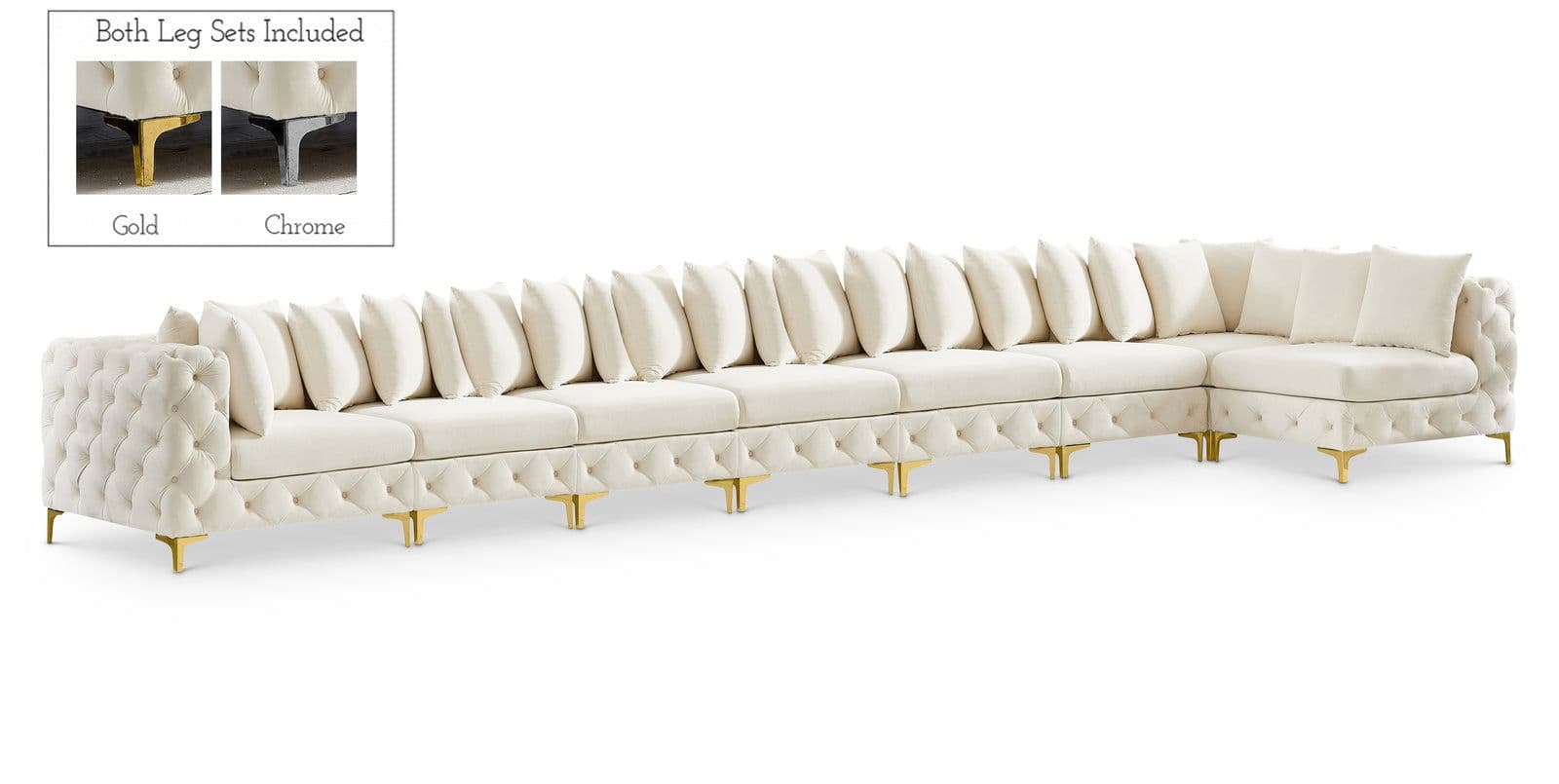 Monroe 228" Cream Velvet Upholstered Sectional, 8-Piece
