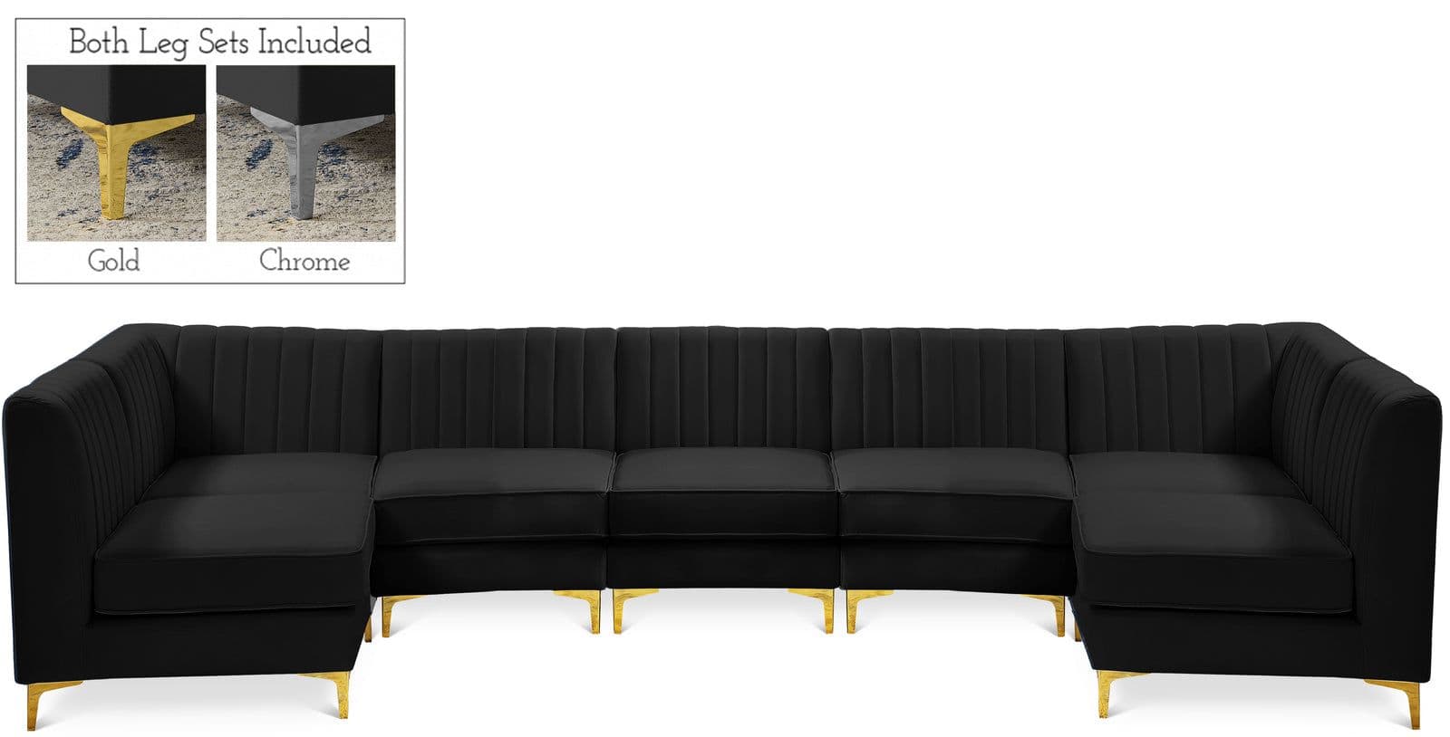 Quinn 142" Black Velvet Upholstered Sectional, 7-Piece