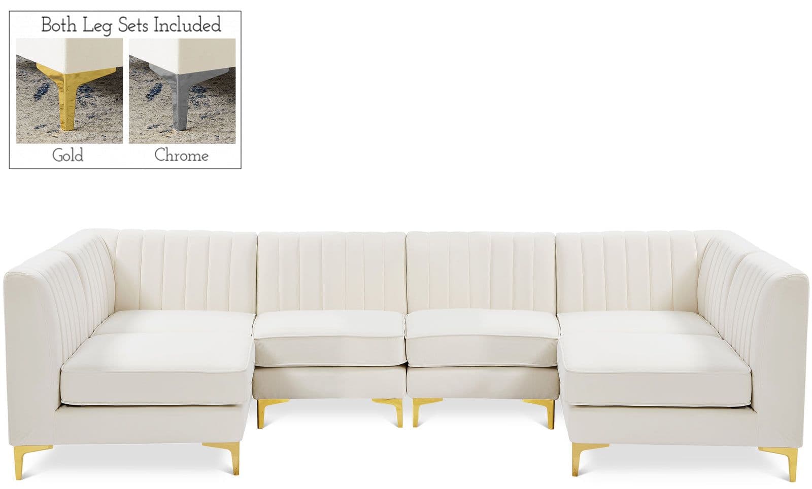 Quinn 116.5" Cream Velvet Upholstered Sectional, 6-Piece (Style 2)
