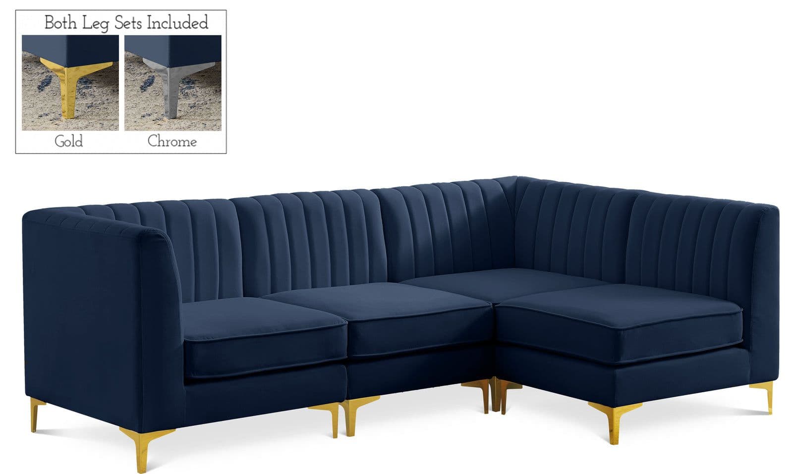 Quinn 91" Navy Velvet Upholstered Sectional, 4-Piece