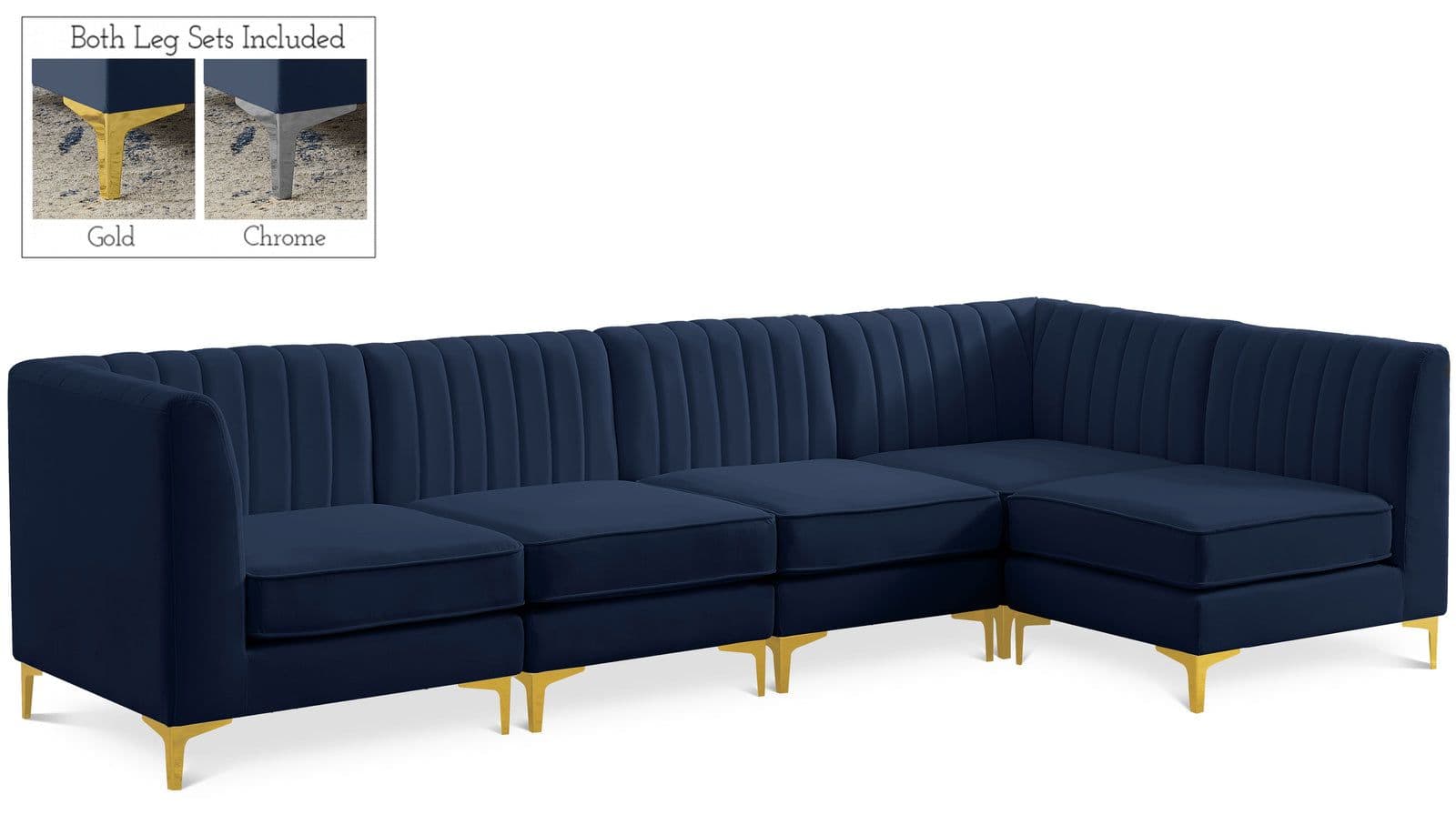 Quinn 116.5" Navy Velvet Upholstered Sectional, 5-Piece