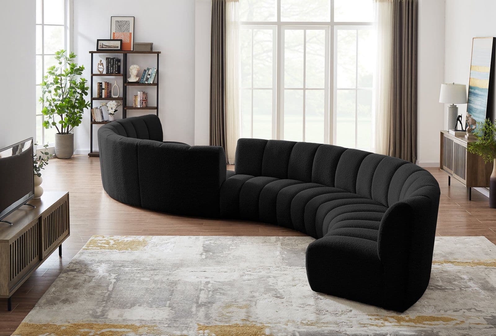 Isolde 268" Black Boucle Fabric Upholstered Sectional, 8-Piece