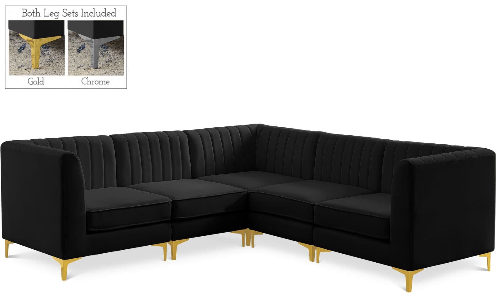 Quinn 91" Black Velvet Upholstered Sectional, 5-Piece