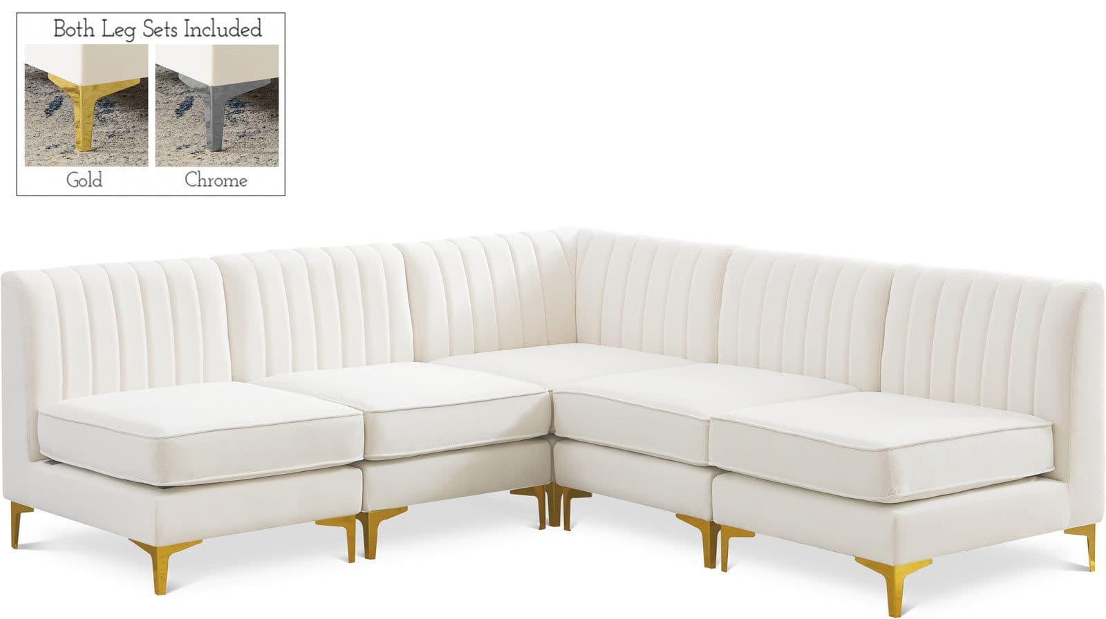 Quinn 84.5" Cream Velvet Upholstered Sectional, 5-Piece