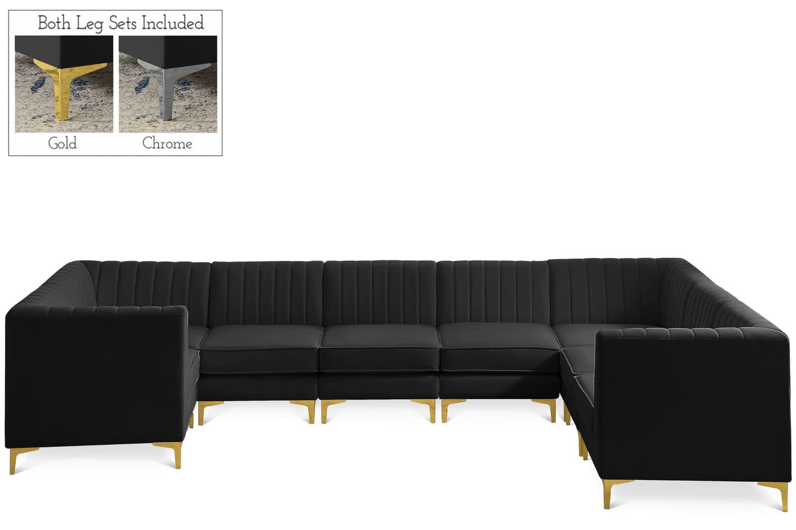 Quinn 142" Black Velvet Upholstered Sectional, 8-Piece (Style 2)