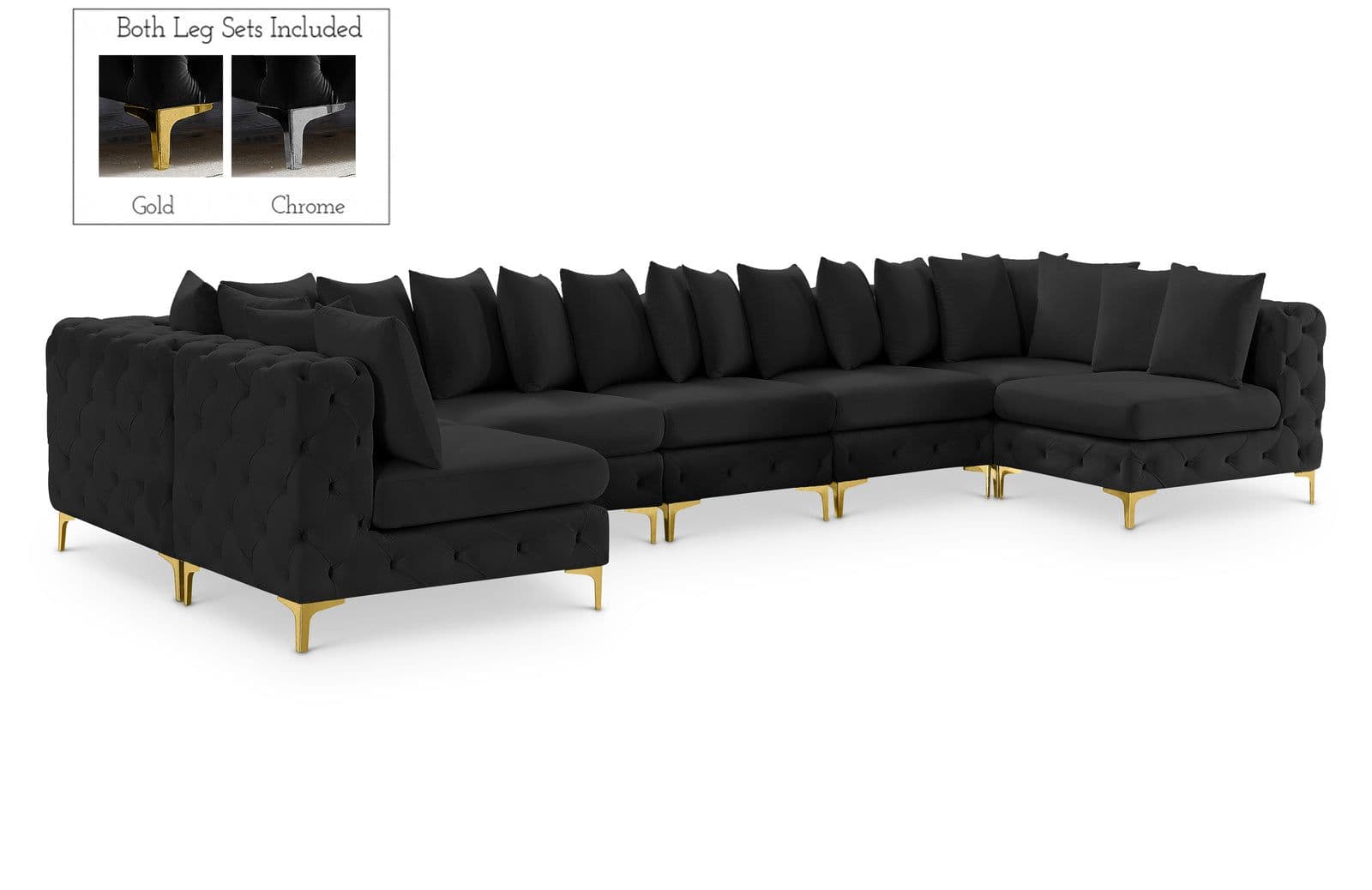 Monroe 169" Black Velvet Upholstered Sectional, 8-Piece
