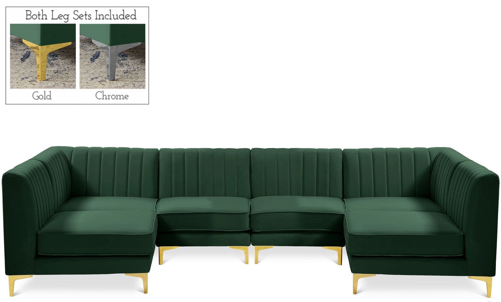 Quinn 116.5" Green Velvet Upholstered Sectional, 6-Piece (Style 2)