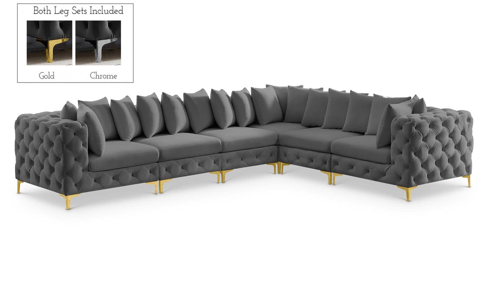 Monroe 139" Grey Velvet Upholstered Sectional, 6-Piece