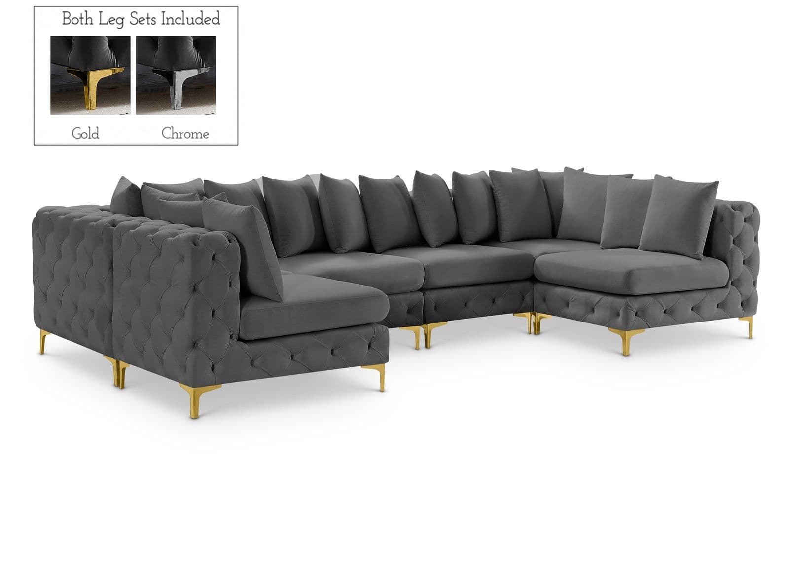 Monroe 139" Grey Velvet Upholstered Sectional, 6-Piece (Style 2)