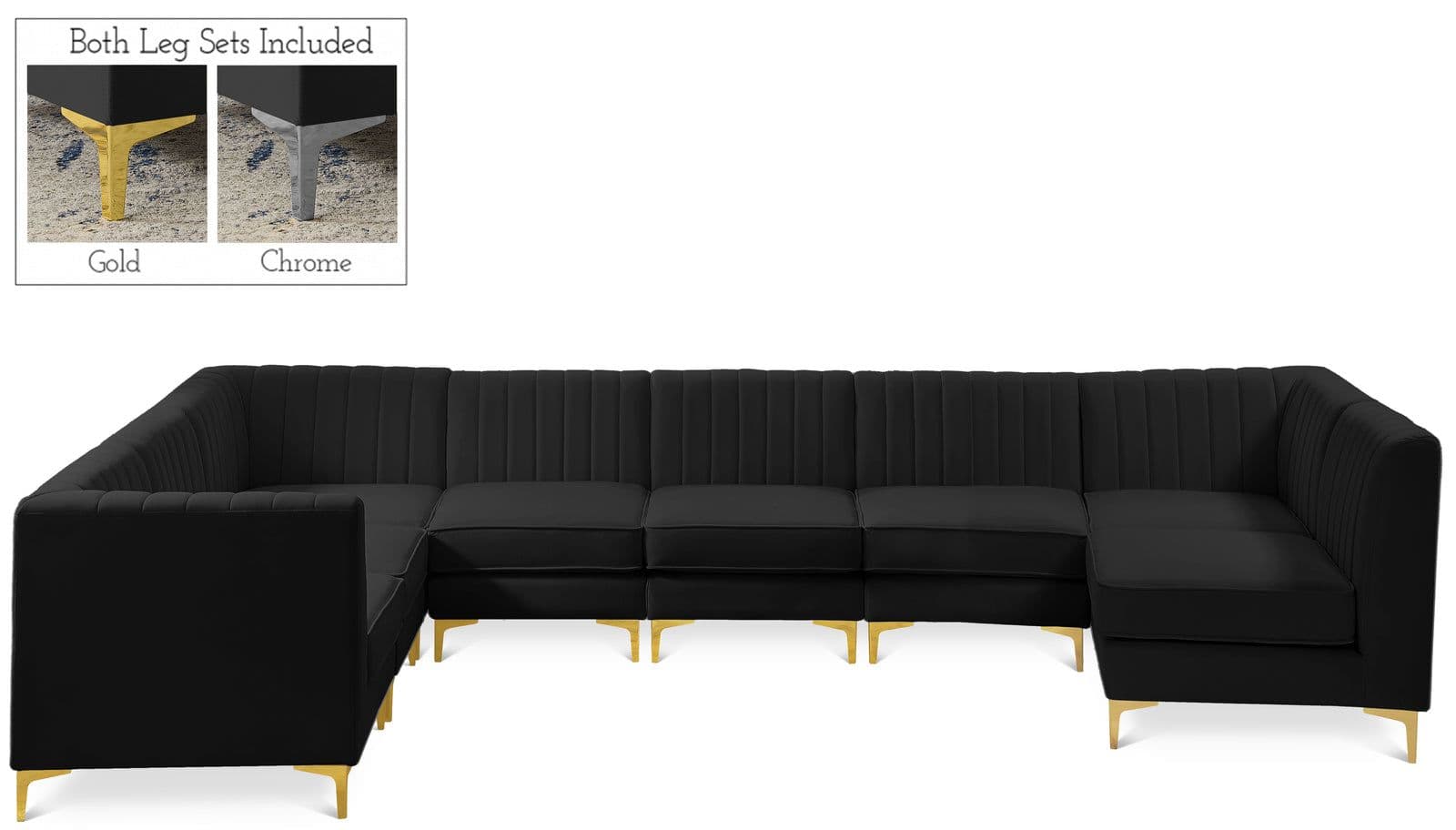 Quinn 142" Black Velvet Upholstered Sectional, 8-Piece