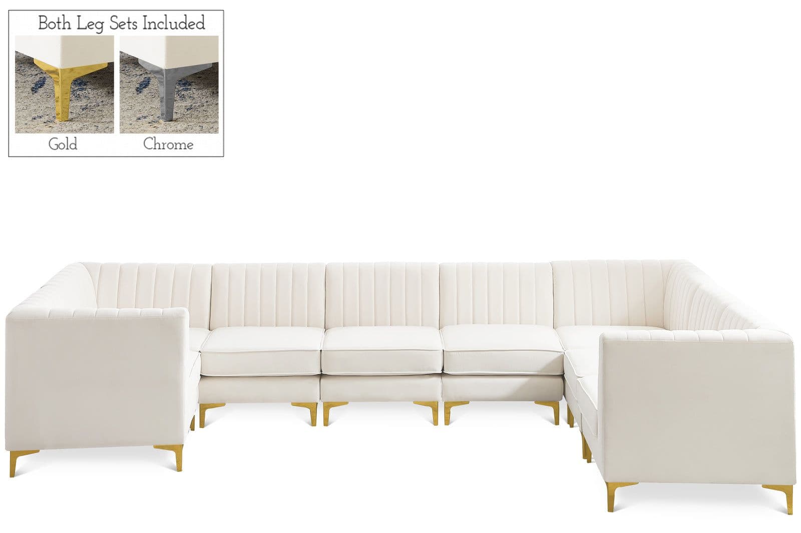 Quinn 142" Cream Velvet Upholstered Sectional, 8-Piece (Style 2)