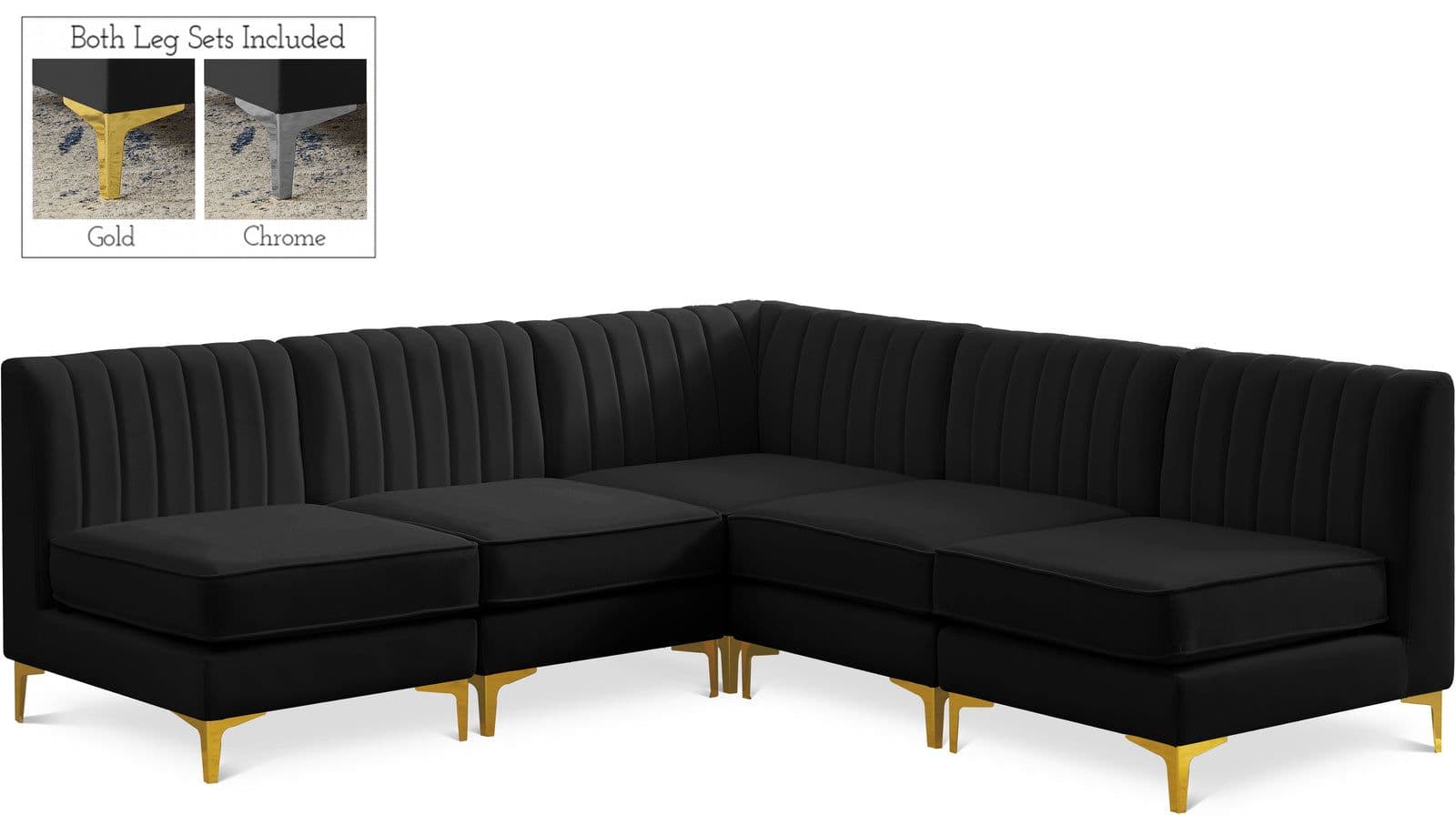 Quinn 84.5" Black Velvet Upholstered Sectional, 5-Piece