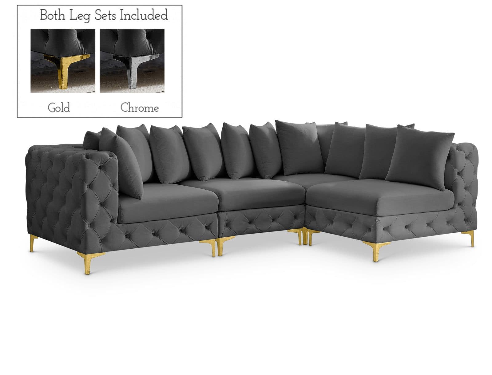 Monroe 109" Grey Velvet Upholstered Sectional, 4-Piece