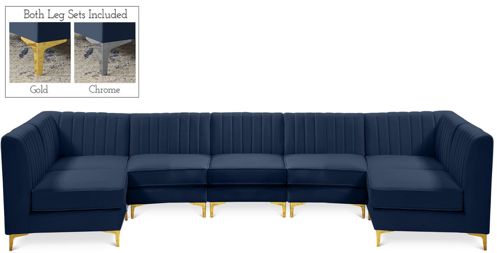 Quinn 142" Navy Velvet Upholstered Sectional, 7-Piece