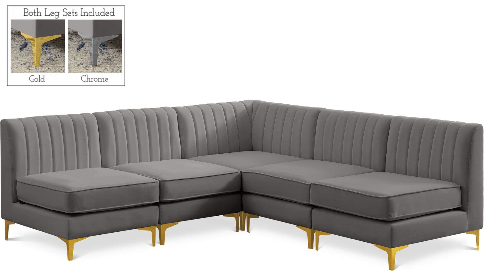 Quinn 84.5" Grey Velvet Upholstered Sectional, 5-Piece