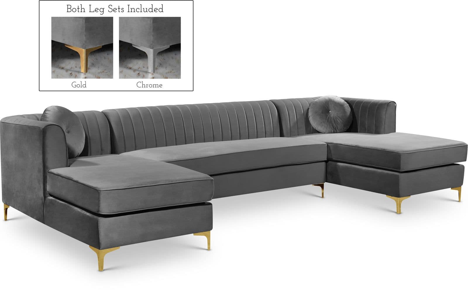 Tessa 132" Grey Velvet Upholstered Sectional, 3-Piece