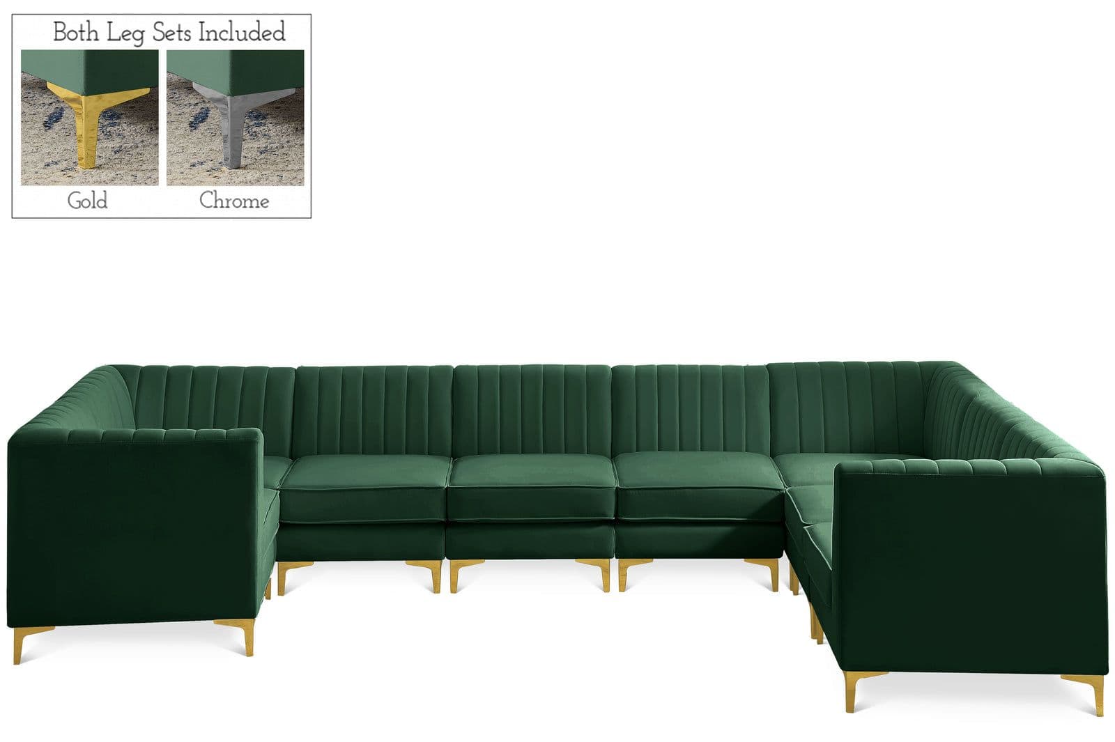 Quinn 142" Green Velvet Upholstered Sectional, 8-Piece (Style 2)