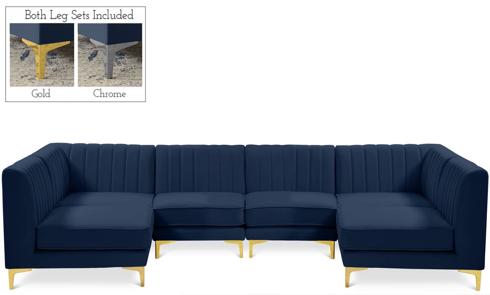 Quinn 116.5" Navy Velvet Upholstered Sectional, 6-Piece (Style 2)