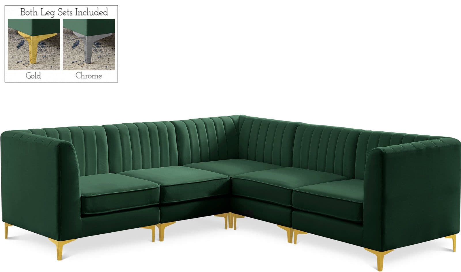 Quinn 91" Green Velvet Upholstered Sectional, 5-Piece