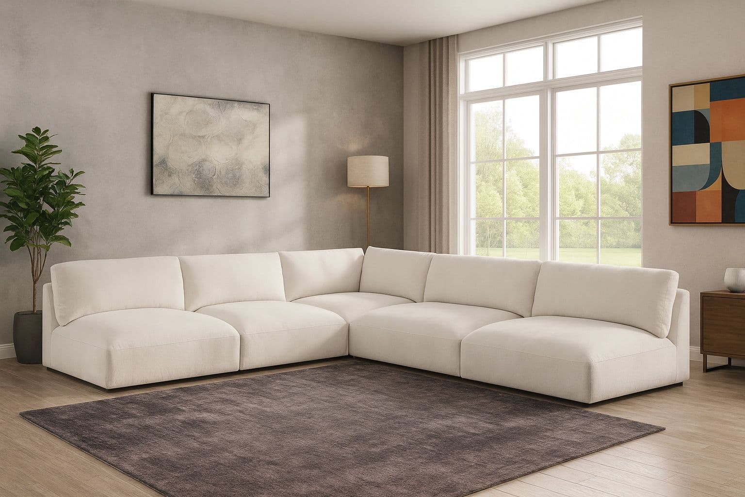 Hadley 114" Cream Fabric Upholstered Sectional, 5-Piece