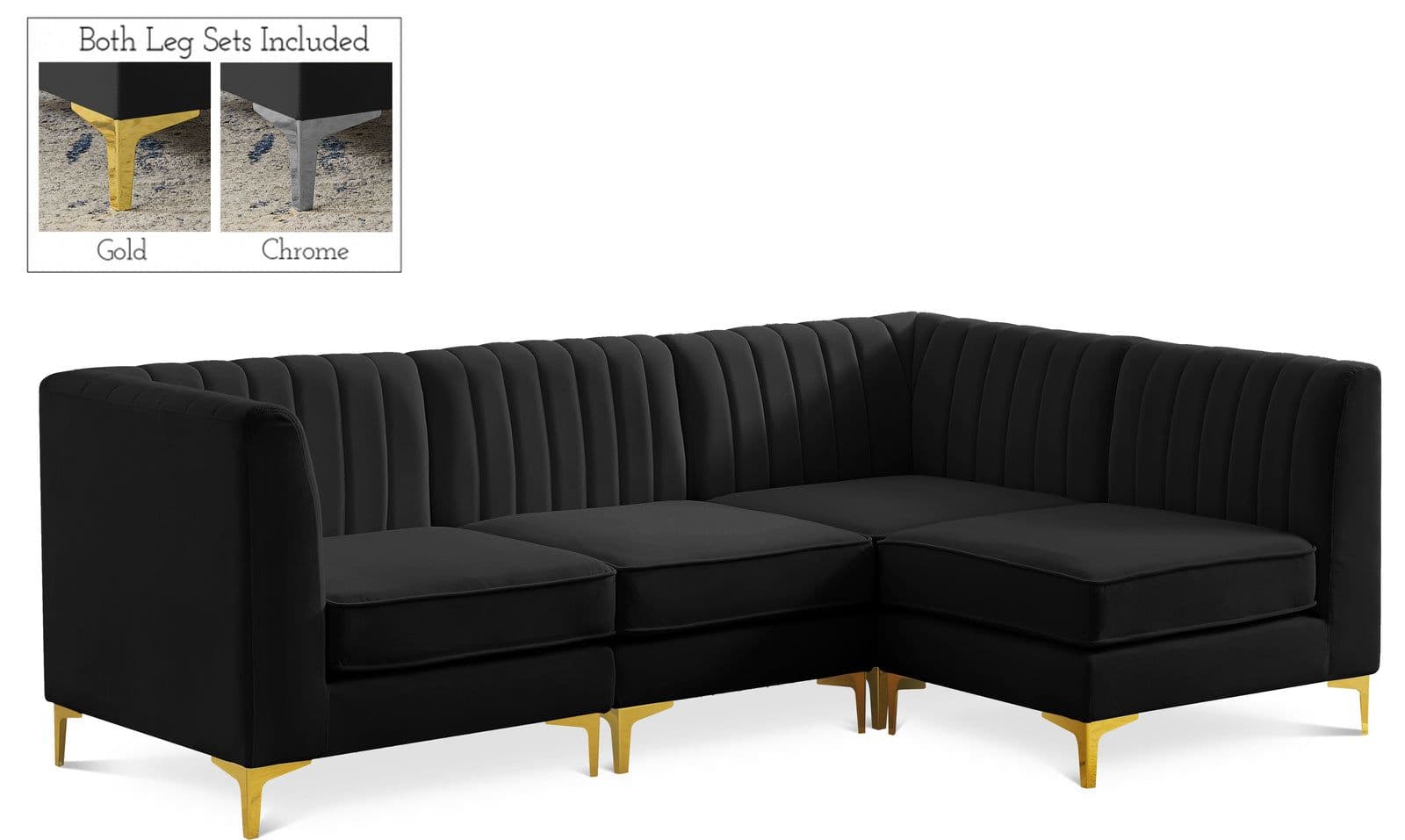Quinn 91" Black Velvet Upholstered Sectional, 4-Piece