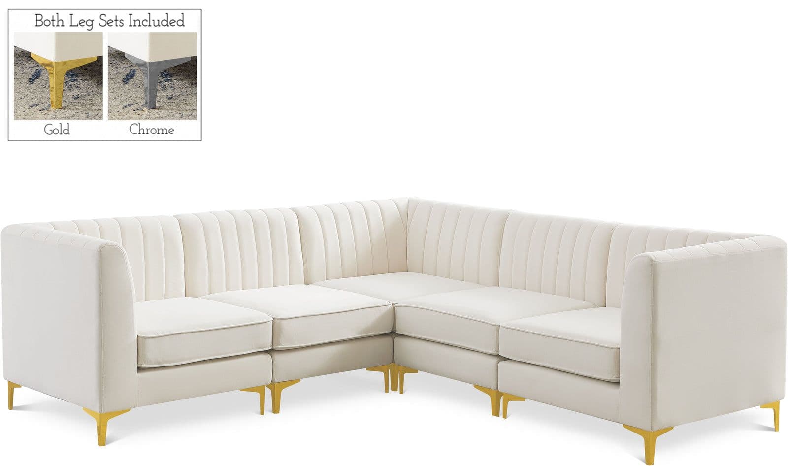 Quinn 91" Cream Velvet Upholstered Sectional, 5-Piece