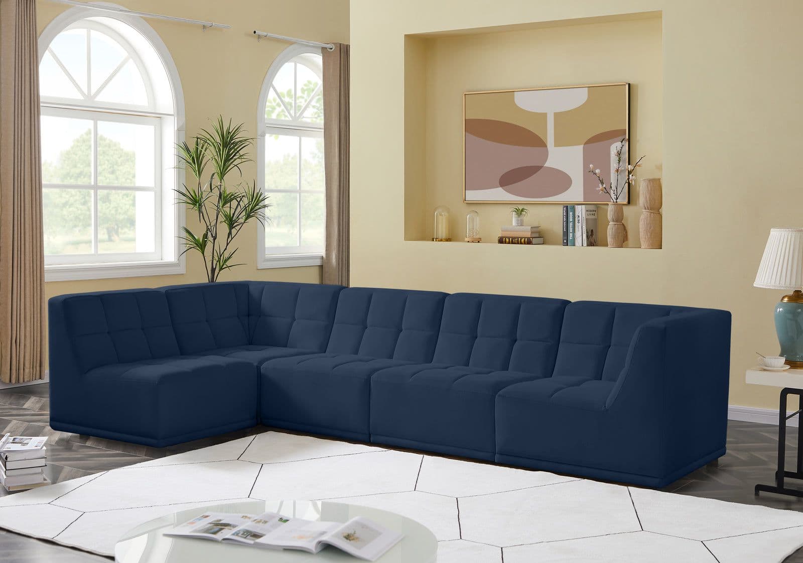 Jolie 128" Navy Velvet Upholstered Sectional, 5-Piece