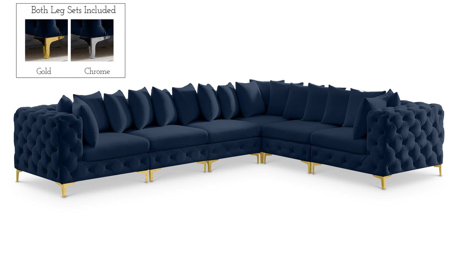 Monroe 139" Navy Velvet Upholstered Sectional, 6-Piece