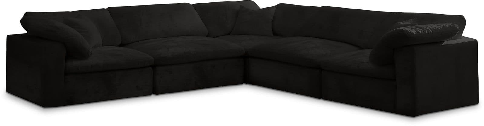 Florence 119" Black Velvet Upholstered Overstuffed Fiber Filled Comfort Sectional, 5-Piece