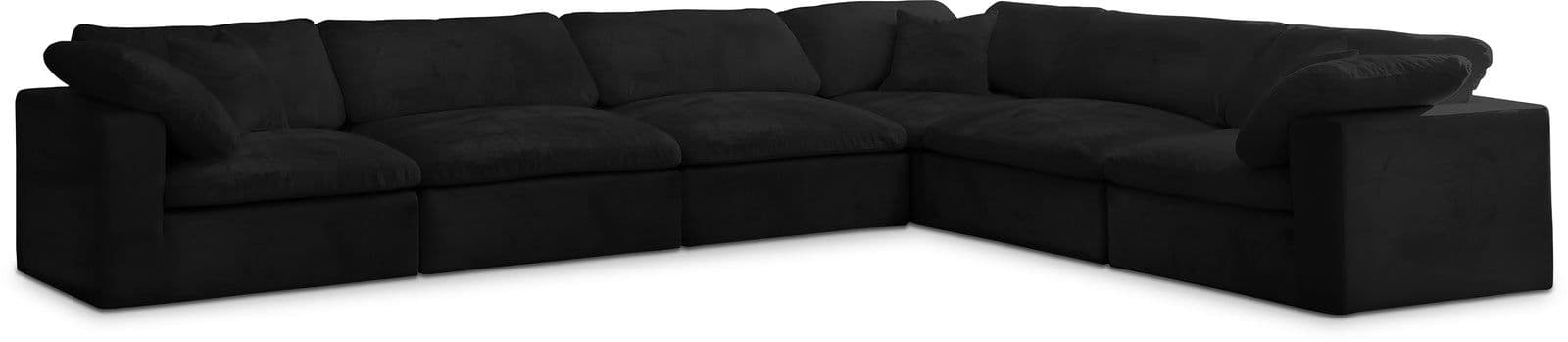 Florence 158" Black Velvet Upholstered Overstuffed Fiber Filled Comfort Sectional, 6-Piece
