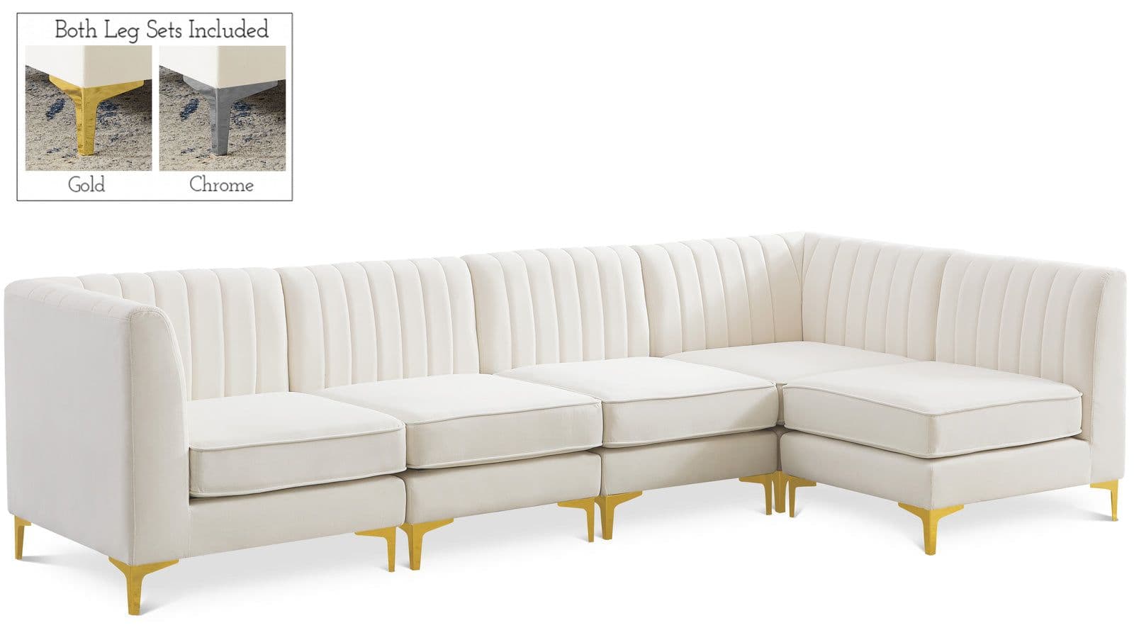 Quinn 116.5" Cream Velvet Upholstered Sectional, 5-Piece