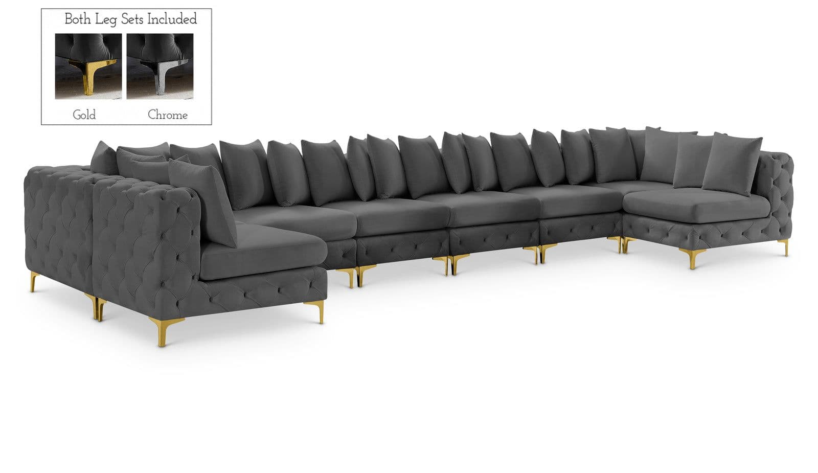 Monroe 198" Grey Velvet Upholstered Sectional, 9-Piece
