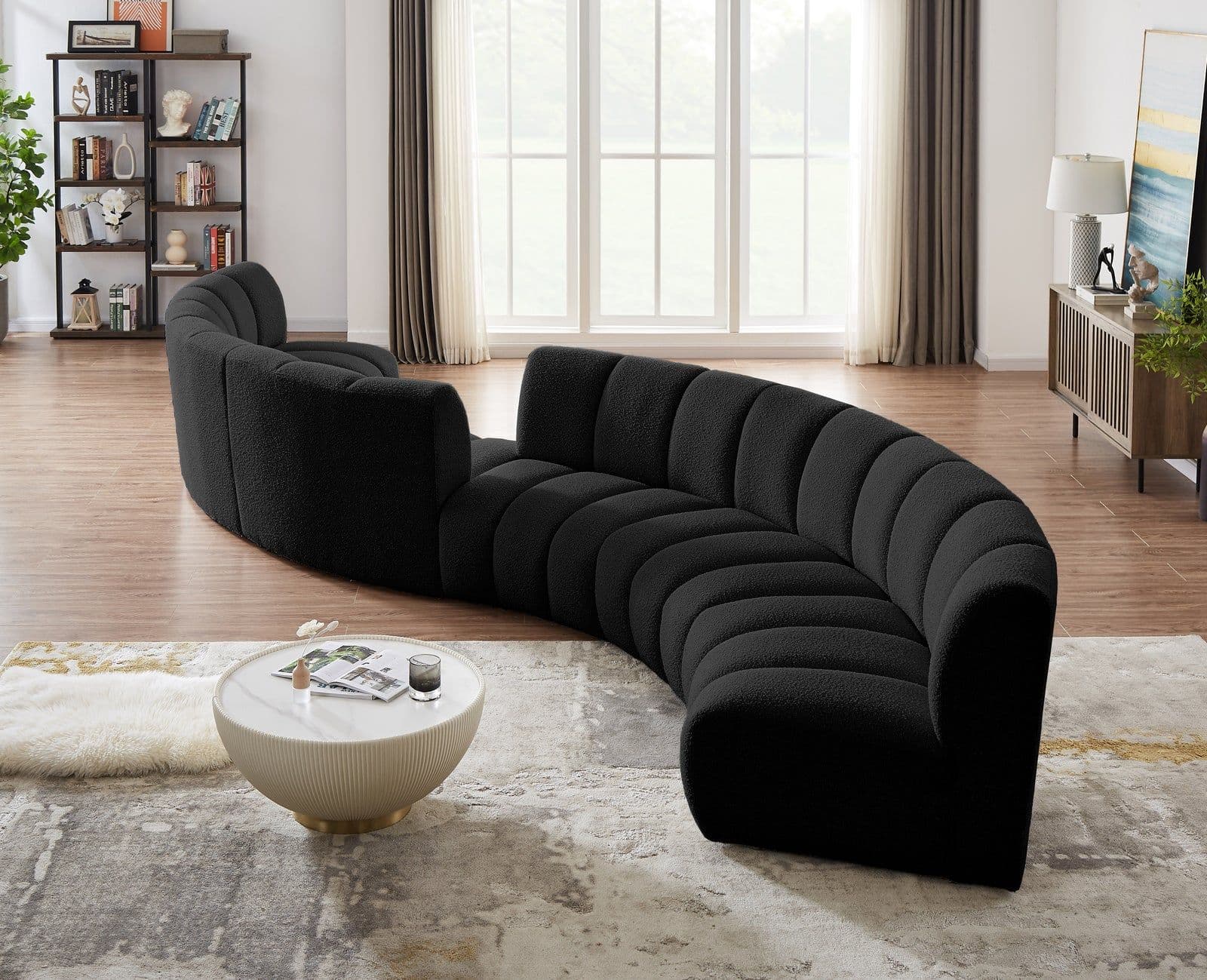 Isolde 217" Black Boucle Fabric Upholstered Sectional, 6-Piece